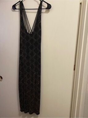 Kimcine Curve Vtg USA 2XL 44” Maxi Tank Dress Black Gold Shimmer Bodycon Party